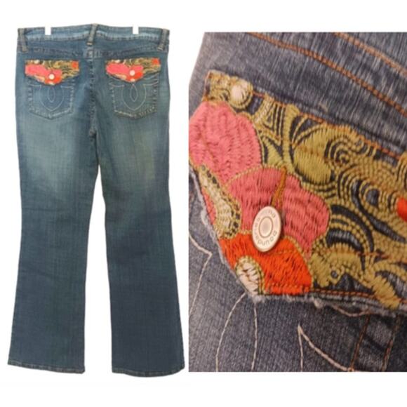 No Boundaries Jeans Jrs 36" W Blue EMBROIDERED Floral Flare Bohemian Cottagecore - Picture 1 of 16